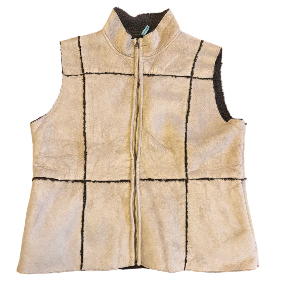 Vintage Y2K Powwow Teddy Lined Patchwork Brown Velvet Zip Up Vest Size Large